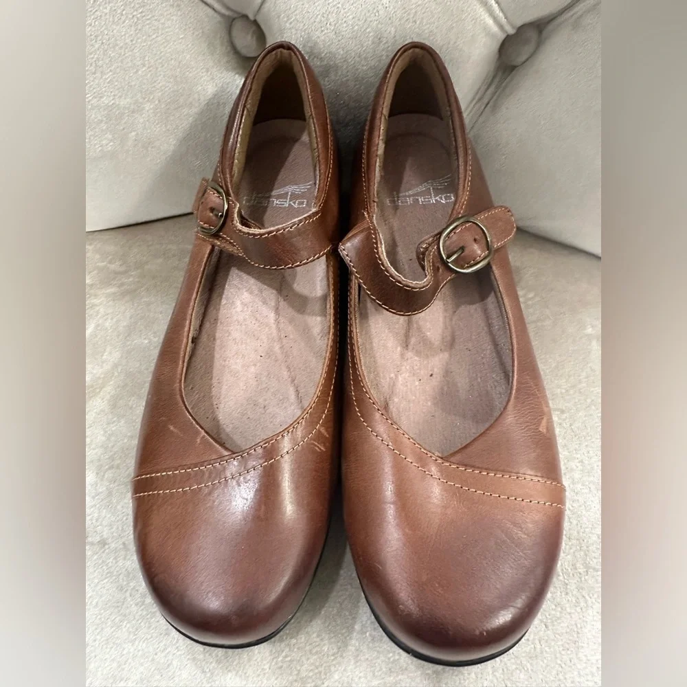 Dansko Fawna Mary Janes Women's 37/7 Shoes Wedge Comfort Brown Burnished Toe NEW